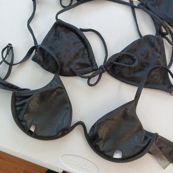 Set of 3 Swimwear Top Wired & Wireless Padded Black Print Solid Strap Adjustable - Picture 4 of 12